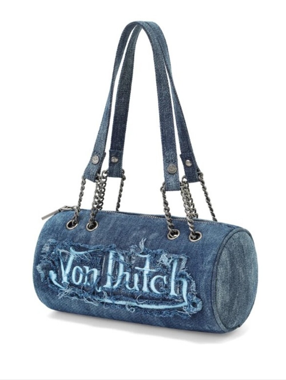 Von Dutch Distressed Denim Barrel Shoulder Bag - Picture 8 of 15